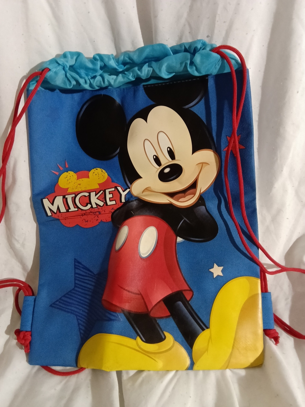 Disney Mickey Mouse Blue Drawstring Bag with Red and Yellow Accents